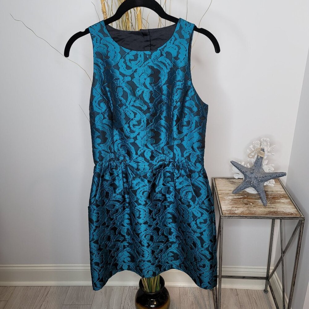 Tabitha Floral Jacquard Dress Womens 4 Cutout Back Fit & Flare Teal Blue